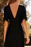 Black A Line V-Neck Chiffon Maxi Dress with Slit