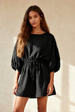 Black Ruched Round Neck Short Work Dress with Sleeves