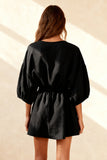Black Ruched Round Neck Short Work Dress with Sleeves