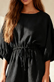 Black Ruched Round Neck Short Work Dress with Sleeves