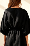 Black Ruched Round Neck Short Work Dress with Sleeves
