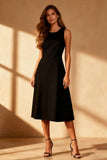 Simple Black Satin Bodycon Round Neck Midi Cocktail Dress