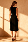 Simple Black Satin Bodycon Round Neck Midi Cocktail Dress