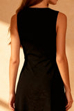 Simple Black Satin Bodycon Round Neck Midi Cocktail Dress