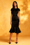 Black Satin Mermaid Round Neck Midi Cocktail Dress with Ruffles