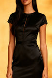 Black Satin Mermaid Round Neck Midi Cocktail Dress with Ruffles