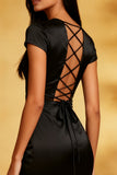 Black Satin Mermaid Round Neck Midi Cocktail Dress with Ruffles