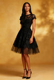 Black A Line Lace Short Cocktail Dress with Sleeves