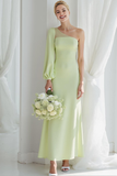 Light Green One Shoulder A Line Maxi Flowy Wedding Guest Dress