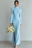 Sky Blue Chiffon Mermaid High Neck Long Wedding Guest Dress with Sleeves