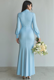 Sky Blue Chiffon Mermaid High Neck Long Wedding Guest Dress with Sleeves
