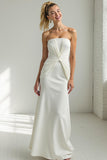 White Strapless Sheath Ruched Maxi Wedding Reception Dress