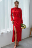 Red Satin Sheath High Neck Long Wedding Guest Dress with Slit