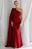 Sky Blue Satin Mermaid One Shoulder Long Wedding Guest Dress with Cape