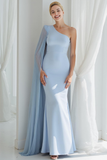 Sky Blue Satin Mermaid One Shoulder Long Wedding Guest Dress with Cape