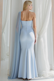 Sky Blue Satin Mermaid One Shoulder Long Wedding Guest Dress with Cape