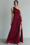 Cabernet One Shoulder Chiffon Sheath Long Wedding Guest Dress with Slit
