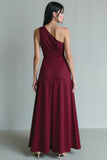 Cabernet One Shoulder Chiffon Sheath Long Wedding Guest Dress with Slit
