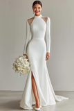 White Mermaid Satin High Neck Sweep Train Engagement Dress with Sleeves