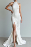 White Satin Mermaid Sweep Train High Neck Wedding Reception Dress with Slit