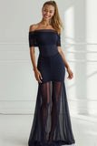 Black Chiffon Sheath Ruched Off the Shoulder Long Wedding Guest Dress with Tulle