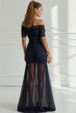 Black Chiffon Sheath Ruched Off the Shoulder Long Wedding Guest Dress with Tulle