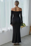 Black Maxi Mermaid Off the Shoulder Formal Dress with Sleeves