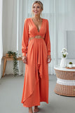 Orange V-Neck Sheath Chiffon Keyhole Wedding Guest Dress with Sleeves
