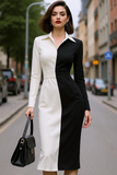 Black and White Pencil Collar Neck Midi Work Dress with Sleeves