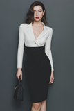Black and White Notched Lapel Pencil Short Work Dress with Sleeves