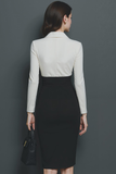 Black and White Notched Lapel Pencil Short Work Dress with Sleeves