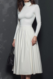 Simple White Midi High Neck A Line Work Dress with Sleeves