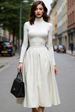 Simple White Midi High Neck A Line Work Dress with Sleeves
