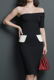 Simple Black White Pencil Fitted Midi Work Dress