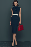 Dark Blue High Neck Pencil Cap Sleeves Midi Work Dress