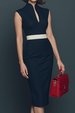 Dark Blue High Neck Pencil Cap Sleeves Midi Work Dress