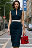 Dark Blue High Neck Pencil Cap Sleeves Midi Work Dress