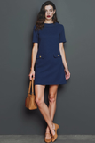 Navy Round Neck A Line Fitted Short Work Dress with Sleeves