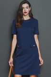 Navy Round Neck A Line Fitted Short Work Dress with Sleeves