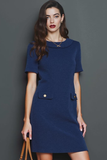 Navy Round Neck A Line Fitted Short Work Dress with Sleeves