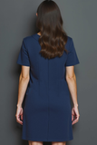 Navy Round Neck A Line Fitted Short Work Dress with Sleeves
