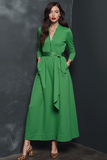 Green A Line V-Neck Long Work Dress with Pockets