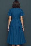 Navy Notched Lapel A Line Midi Fitted Work Dress with Buttons