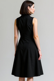 Black Fitted A Line Notched Lapel Midi Work Dress with Buttons