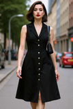 Black Fitted A Line Notched Lapel Midi Work Dress with Buttons