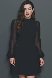 Simple Black Fitted Round Neck A Line Short Work Dress with Sleeves