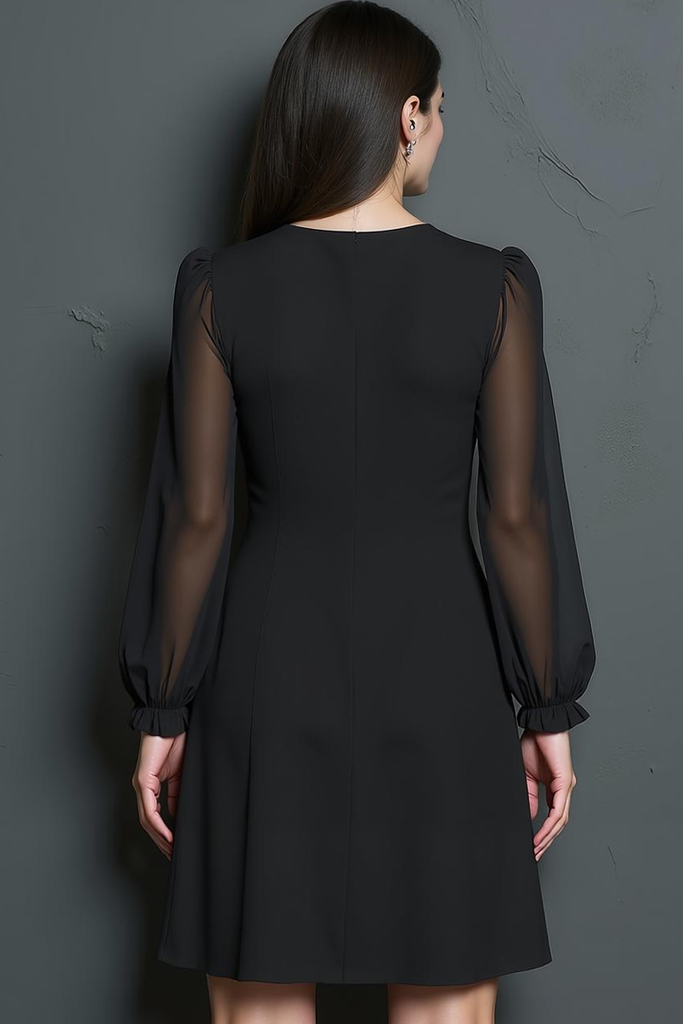 Leely Women Simple Black Fitted Short Work Dress with Sleeves Round