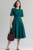 Dark Green Midi Round Neck A Line Work Dress with Sleeves