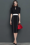 Black White Slim Fit Pencil High Neck Keyhole Midi Work Dress