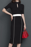 Black White Slim Fit Pencil High Neck Keyhole Midi Work Dress
